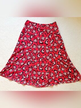 Red Floral Flowy A-Line Skirt Lined w/ Pink & Black Accents Women’s Size 8